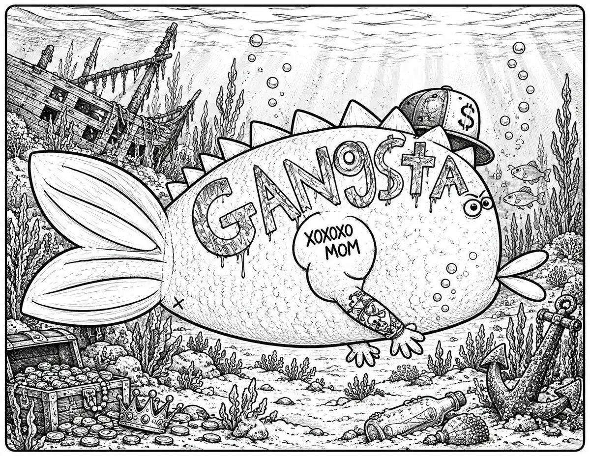 Gangsta Fish colouring page on the cover